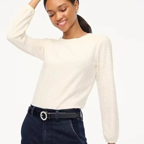 J. CREW FACTORY Long Sleeve Clip Dot Top Cream Ivory Off White ? Textured Blouse - Picture 1 of 13